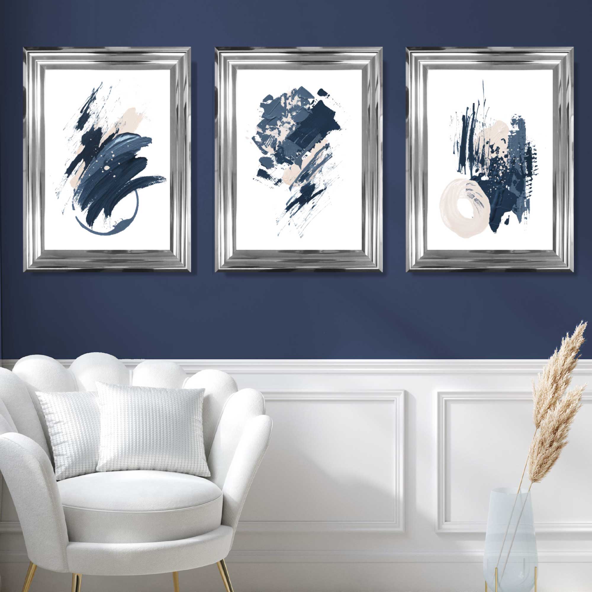 Abstract Set of 3 Minimal Blue Oil Painting Art Prints in Luxury Frames | Artze UK