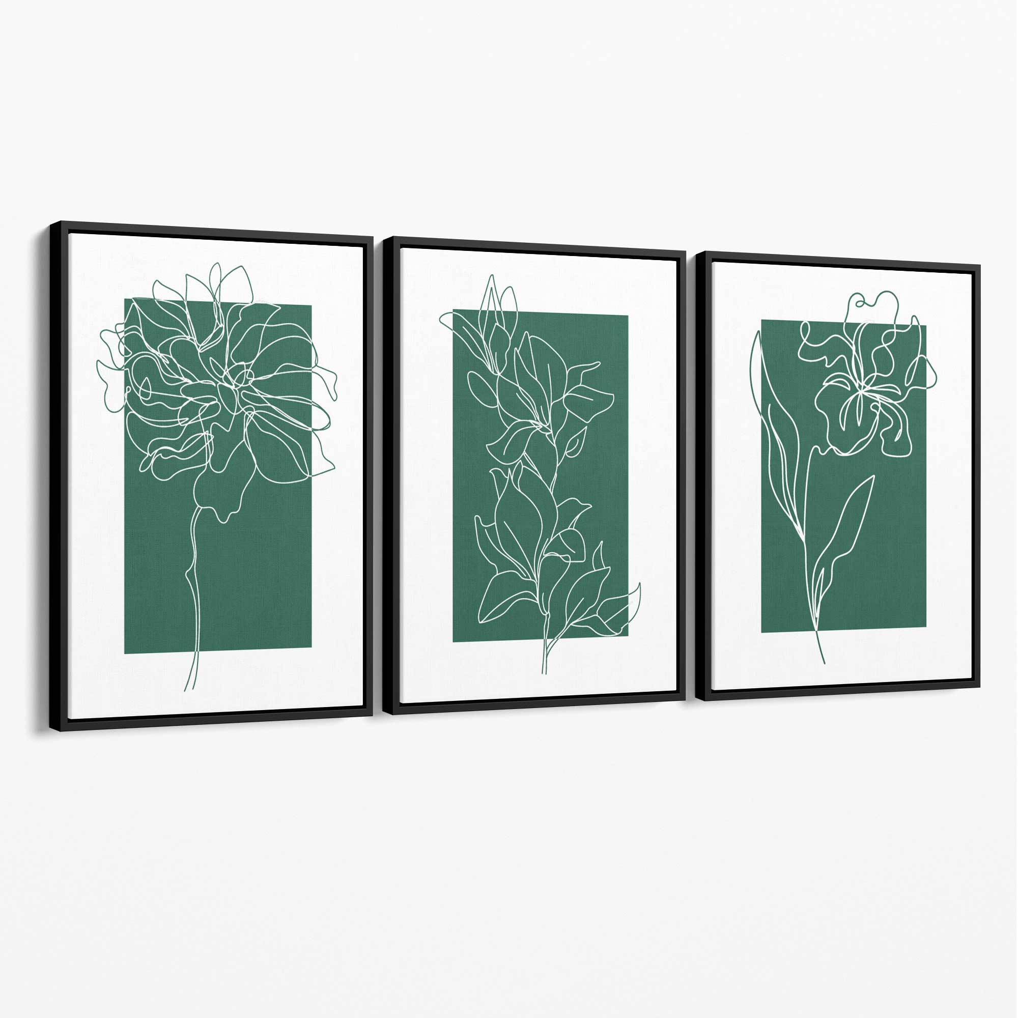 Minimal Sketch Flowers on Emerald Green Set of 3 Canvas Art Prints with Black Float Frame