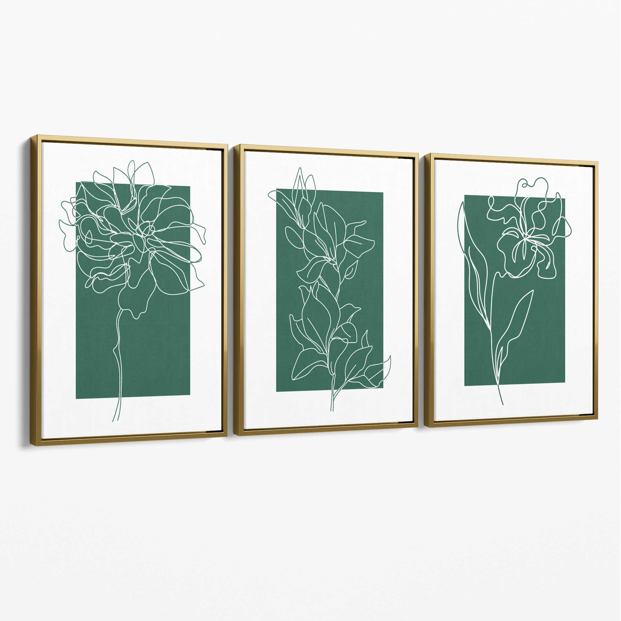 Minimal Sketch Flowers on Emerald Green Set of 3 Canvas Art Prints with Gold Float Frame