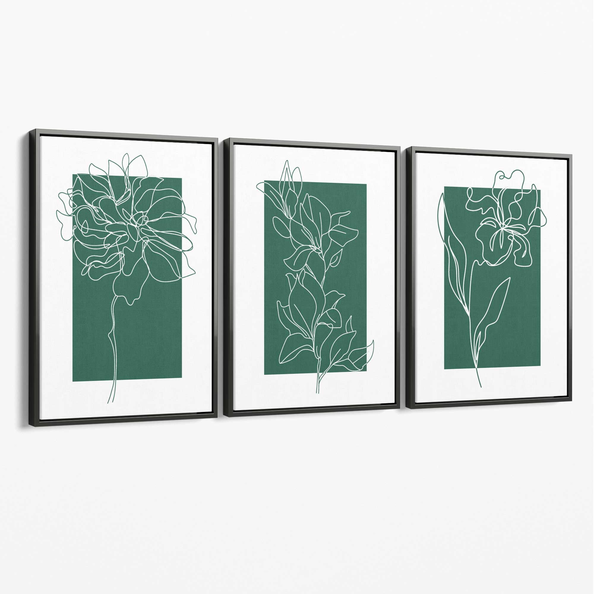 Minimal Sketch Flowers on Emerald Green Set of 3 Canvas Art Prints with Grey Float Frame