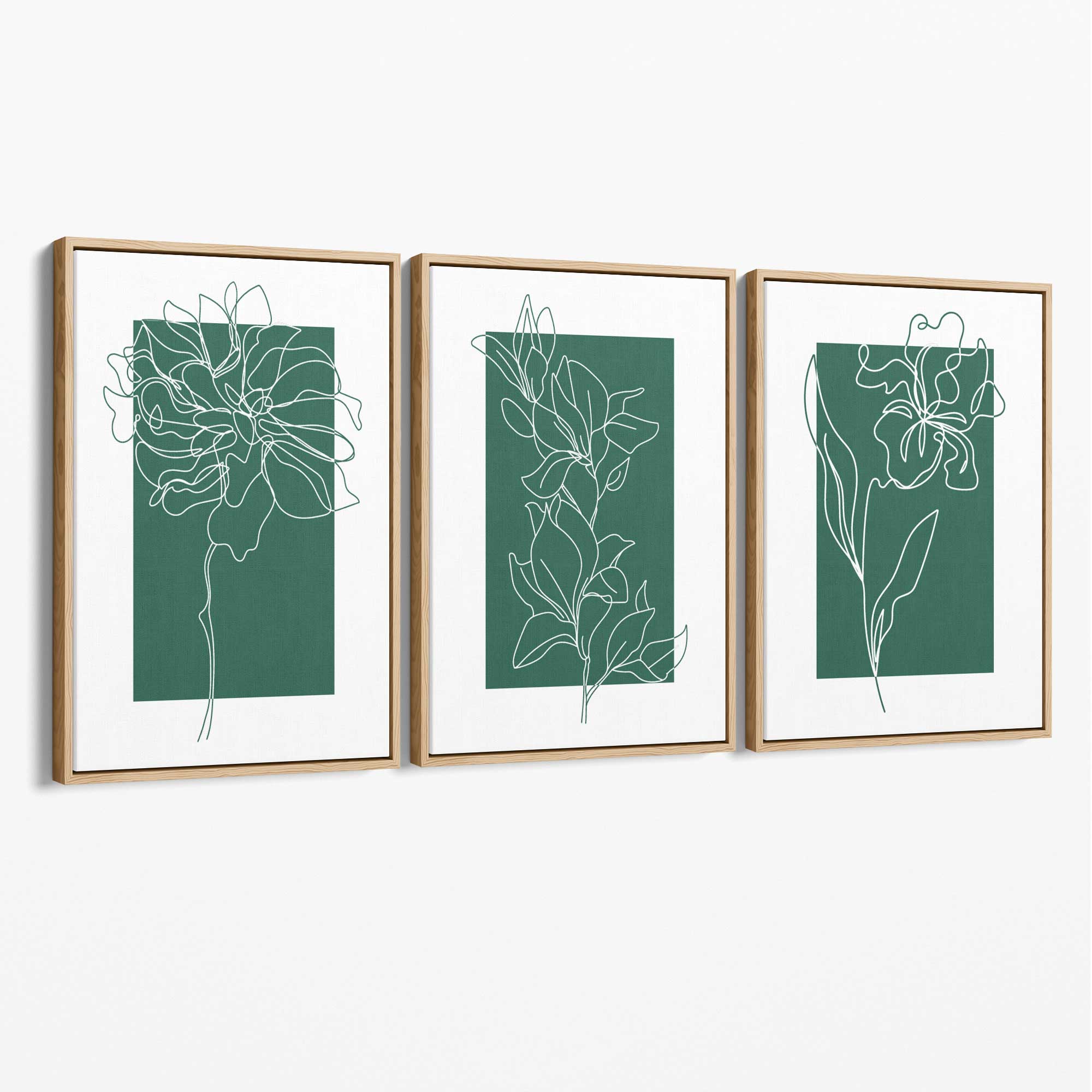 Minimal Sketch Flowers on Emerald Green Set of 3 Canvas Art Prints with Oak Float Frame