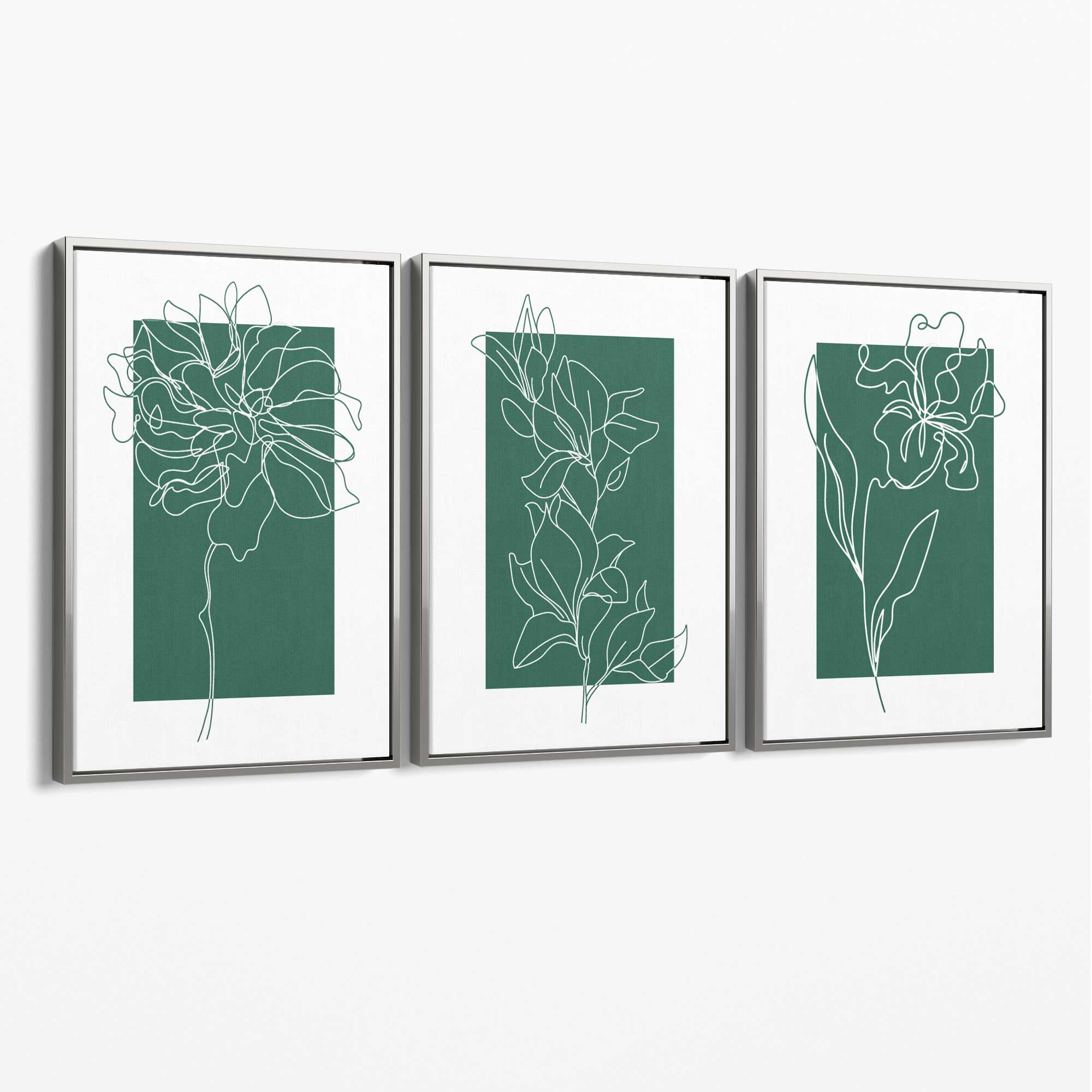 Minimal Sketch Flowers on Emerald Green Set of 3 Canvas Art Prints with Silver Float Frame