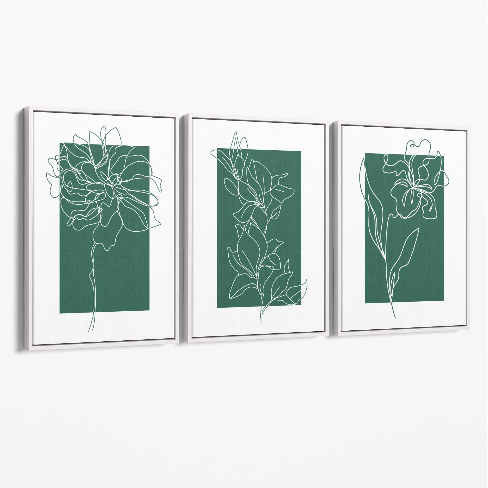 Minimal Sketch Flowers on Emerald Green Set of 3 Canvas Art Prints with White Float Frame