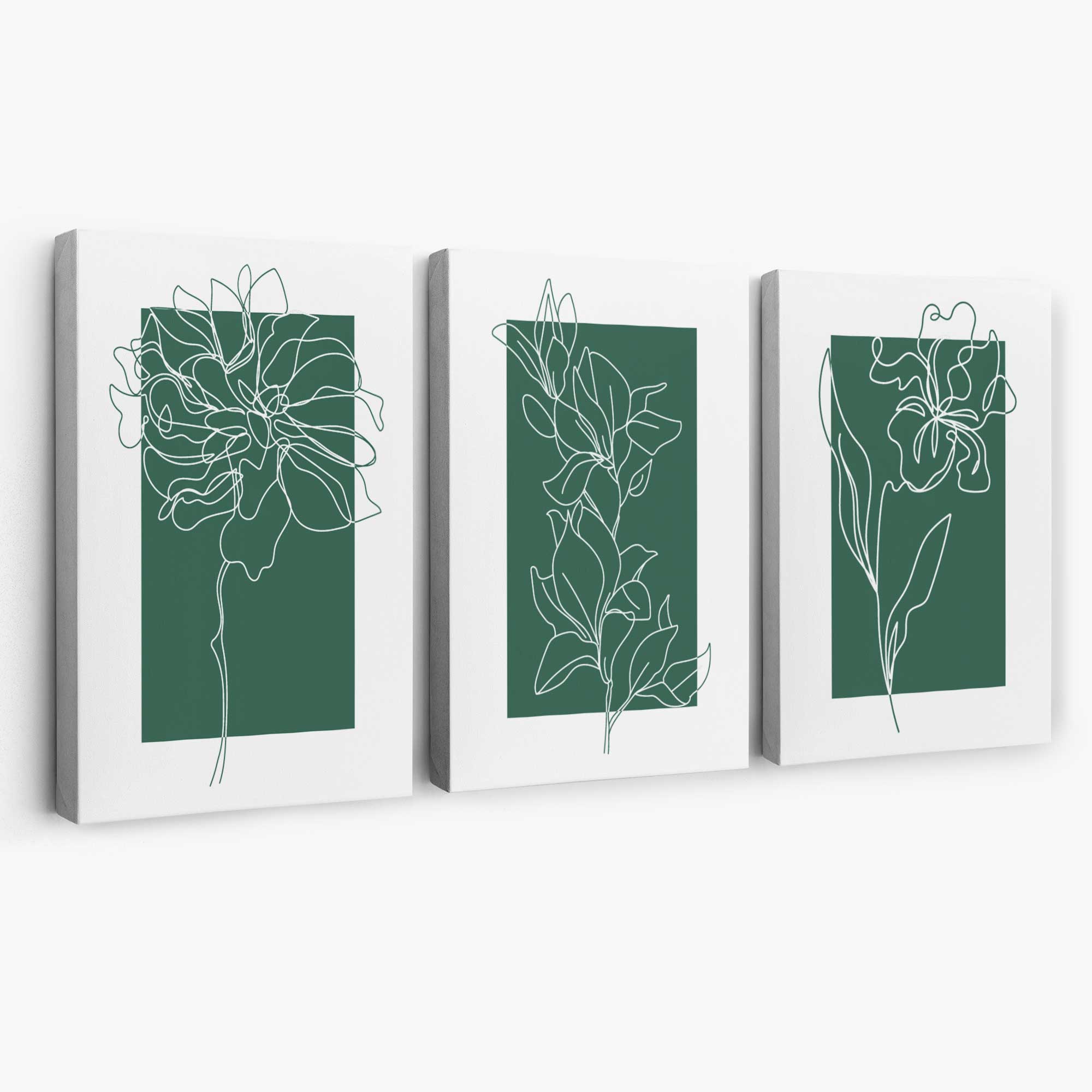 Minimal Sketch Flowers on Emerald Green Set of 3 Canvas Art Prints | Artze Wall Art