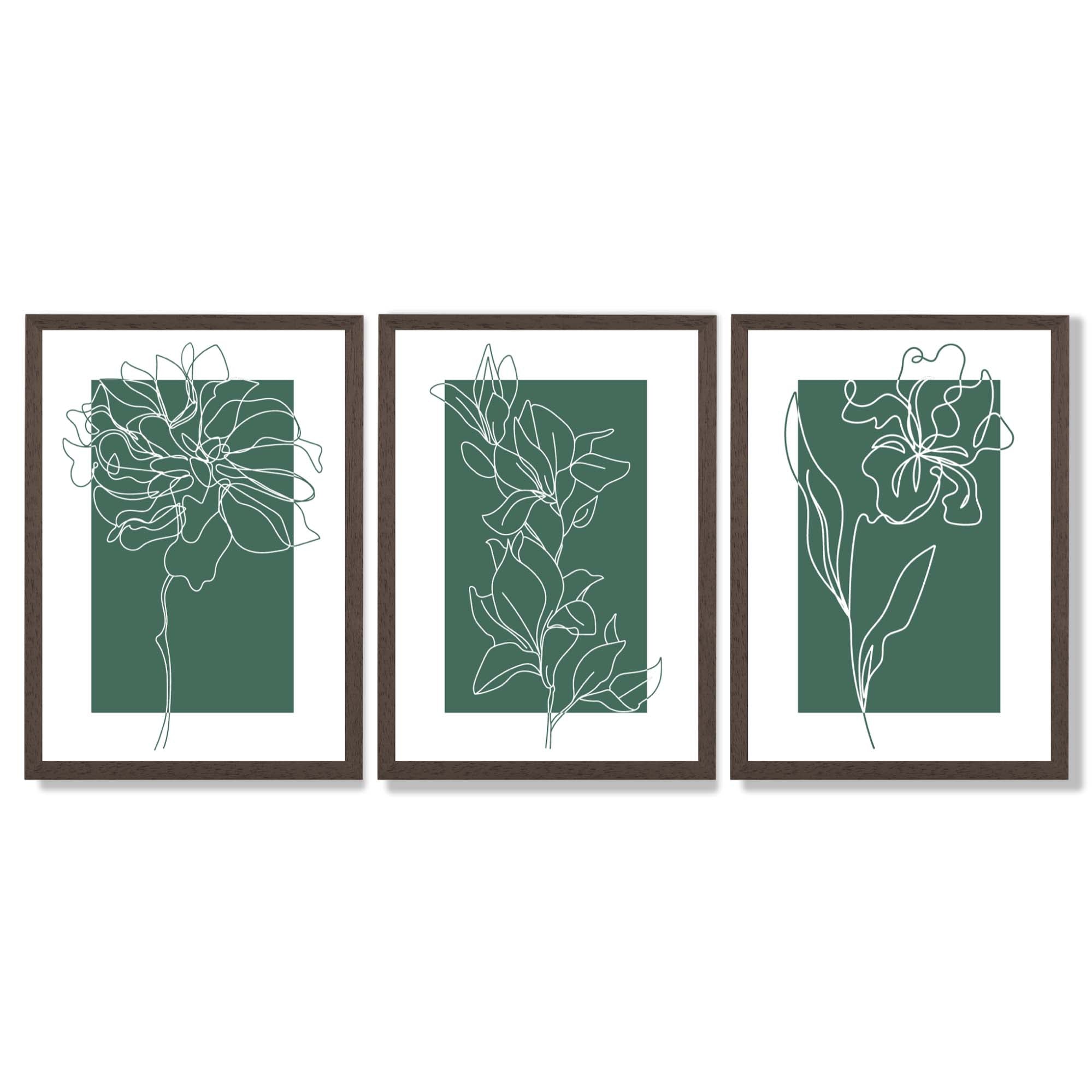 Minimal Sketch Flowers on Emerald Green Set of 3 Framed Art Prints with Dark Wood Frames