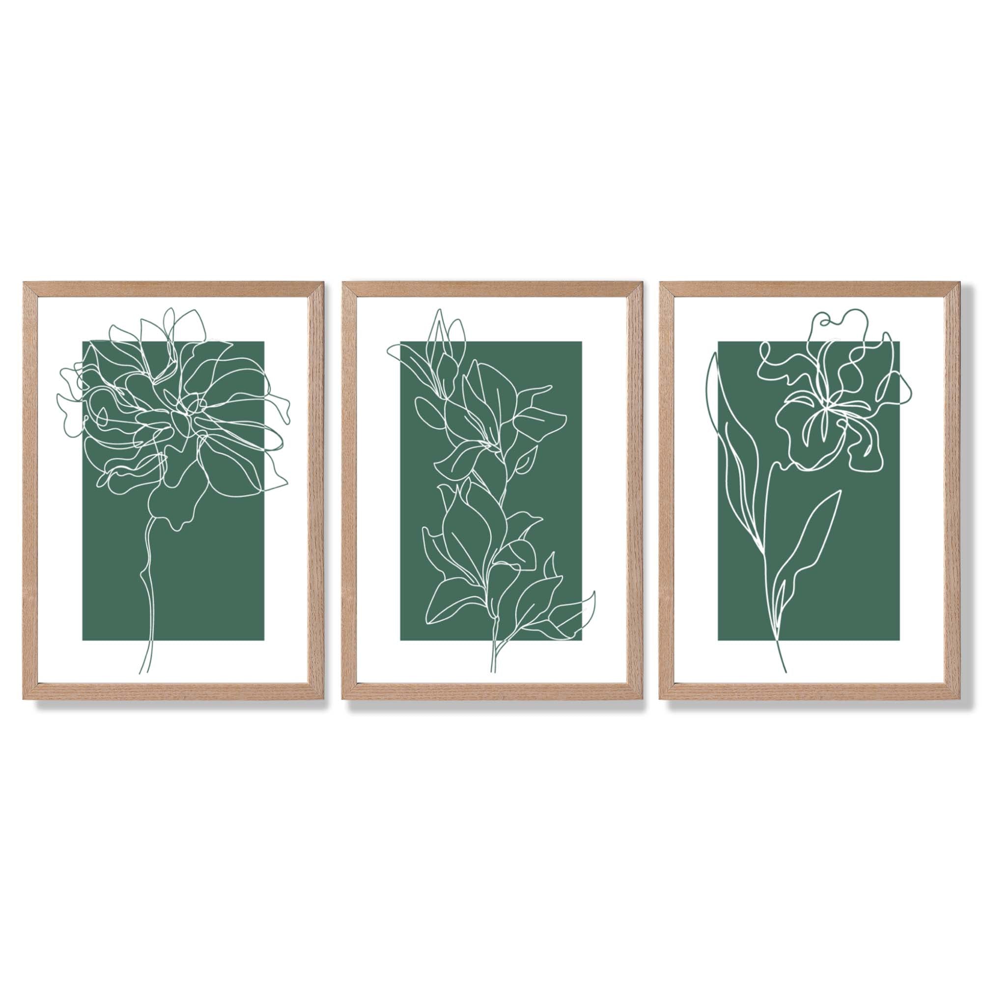 Minimal Sketch Flowers on Emerald Green Set of 3 Framed Art Prints with Light Oak Frames