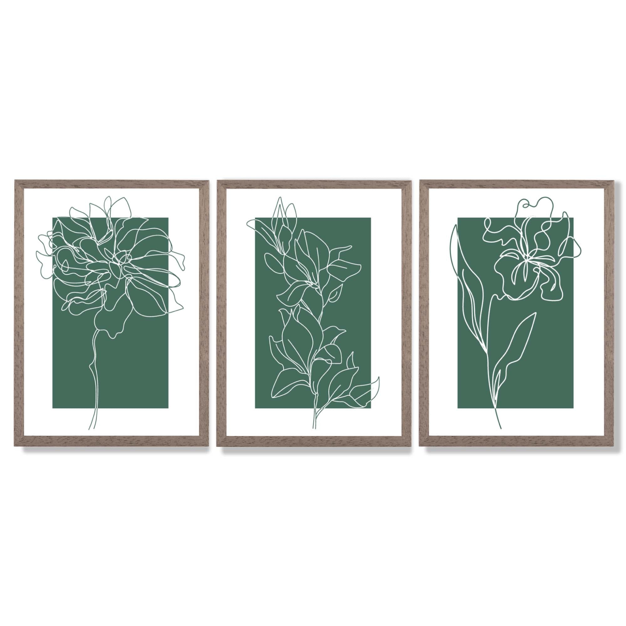 Minimal Sketch Flowers on Emerald Green Set of 3 Framed Art Prints with Light Walnut Frames