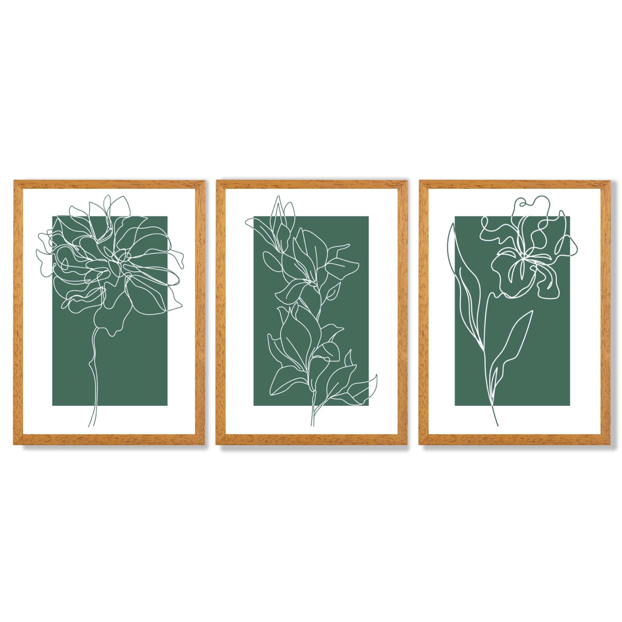 Minimal Sketch Flowers on Emerald Green Set of 3 Framed Art Prints with Oak Wooden Frames