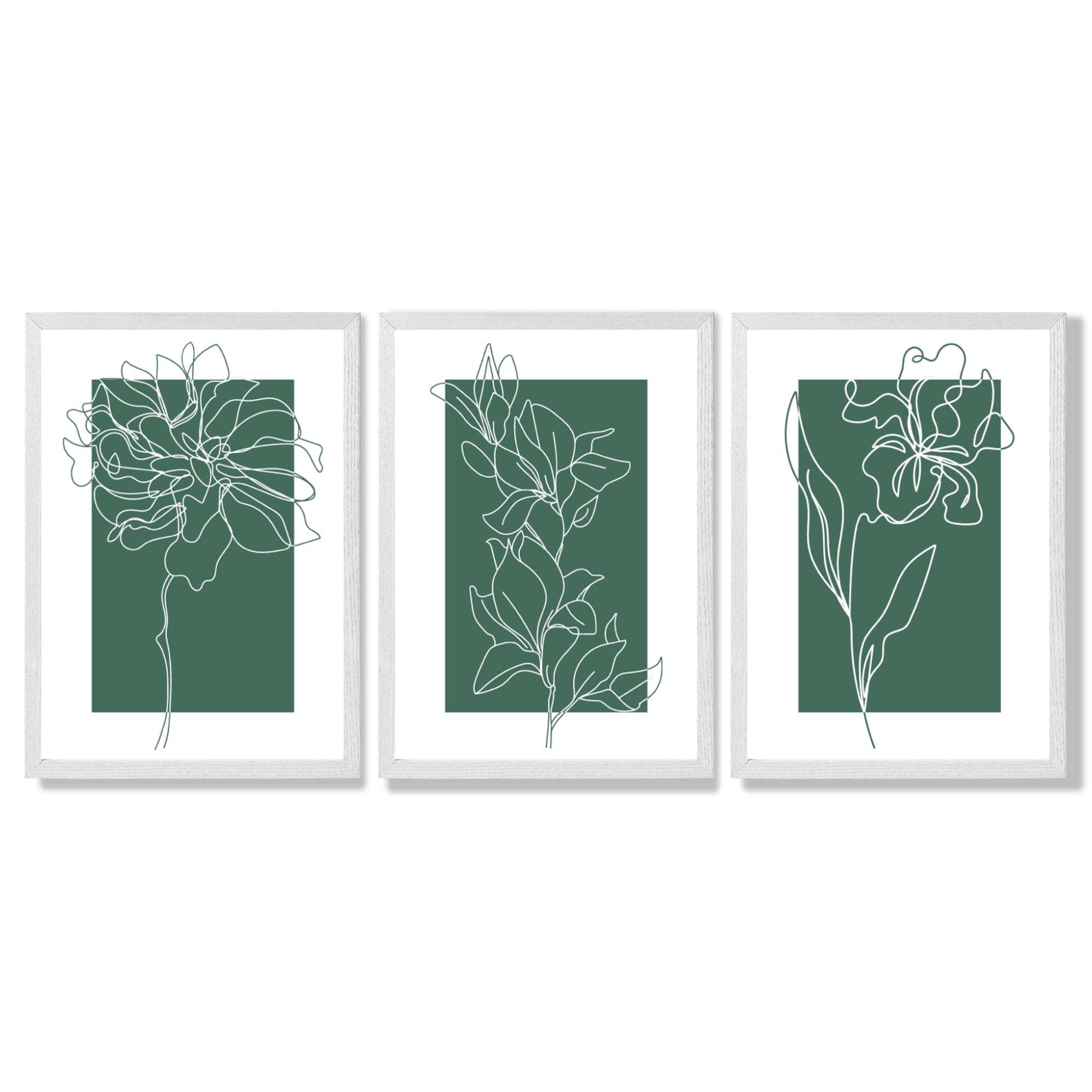 Minimal Sketch Flowers on Emerald Green Set of 3 Framed Art Prints with White Wooden Frames