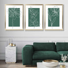 Minimal Sketch Flowers on Emerald Green Set of 3 Art Prints in Luxury Frames | Artze UK