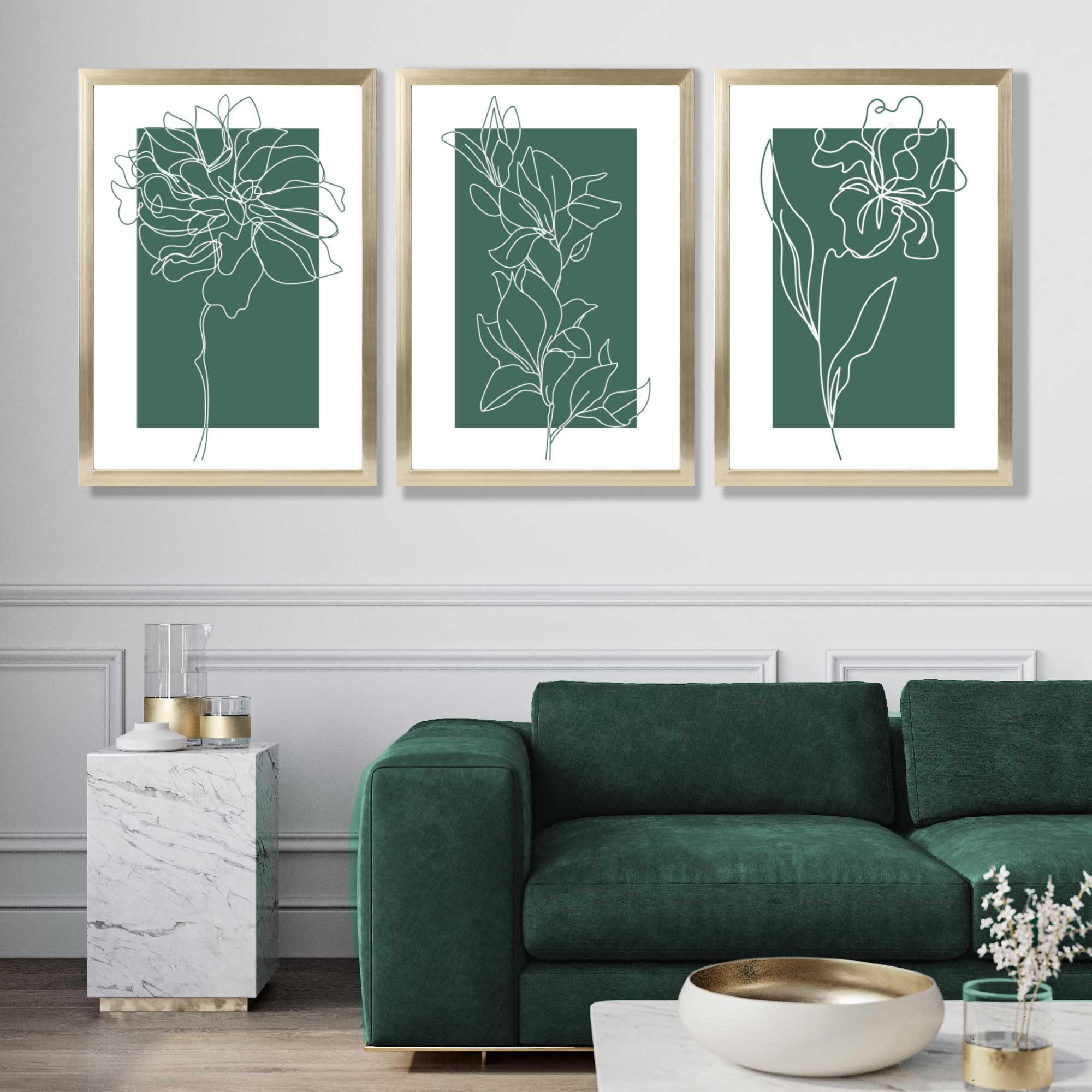 Minimal Sketch Flowers on Emerald Green Set of 3 Art Prints in Luxury Frames | Artze UK