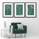 Minimal Sketch Flowers on Emerald Green Set of 3 Art Prints in Black Frames | Artze UK