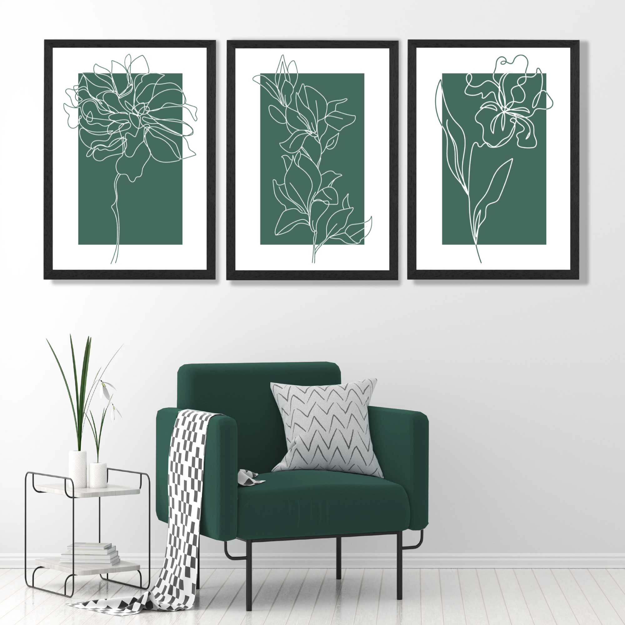 Minimal Sketch Flowers on Emerald Green Set of 3 Art Prints in Black Frames | Artze UK