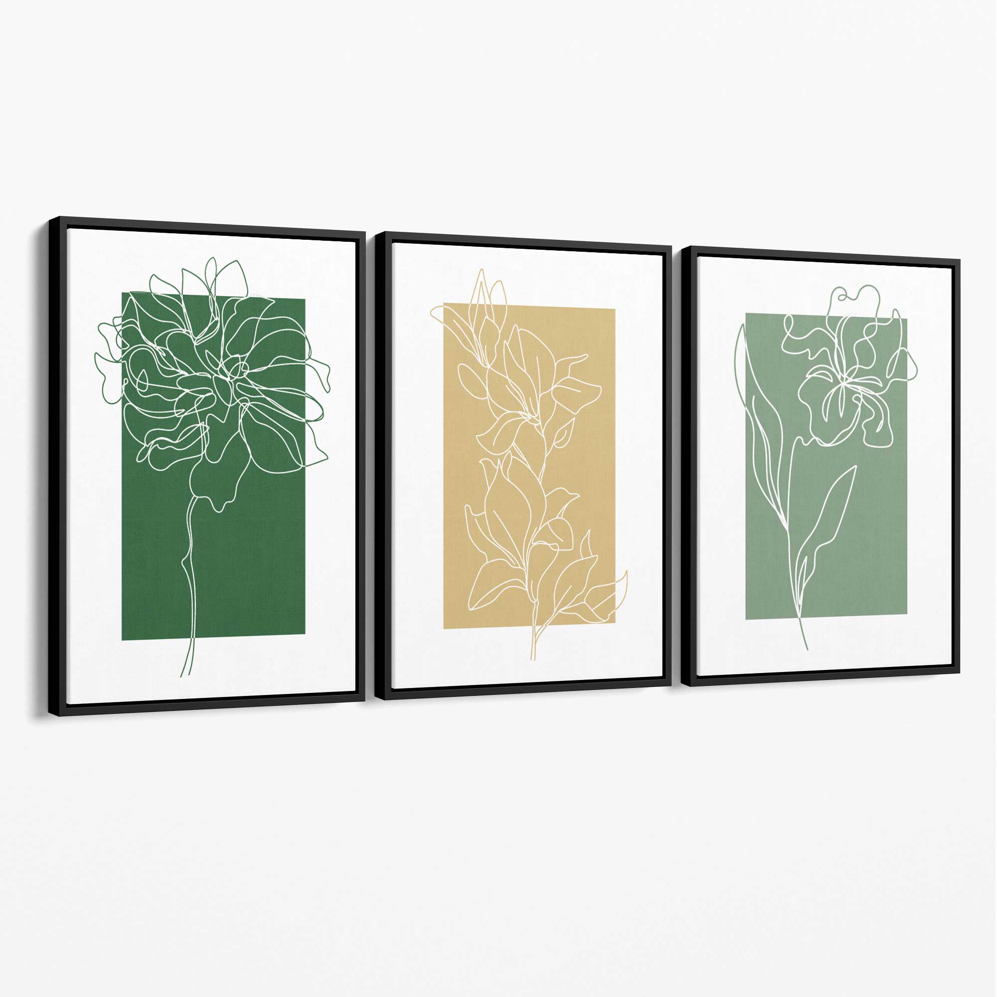 Minimal Sketch Flowers on Green and Yellow Set of 3 Canvas Art Prints with Black Float Frame