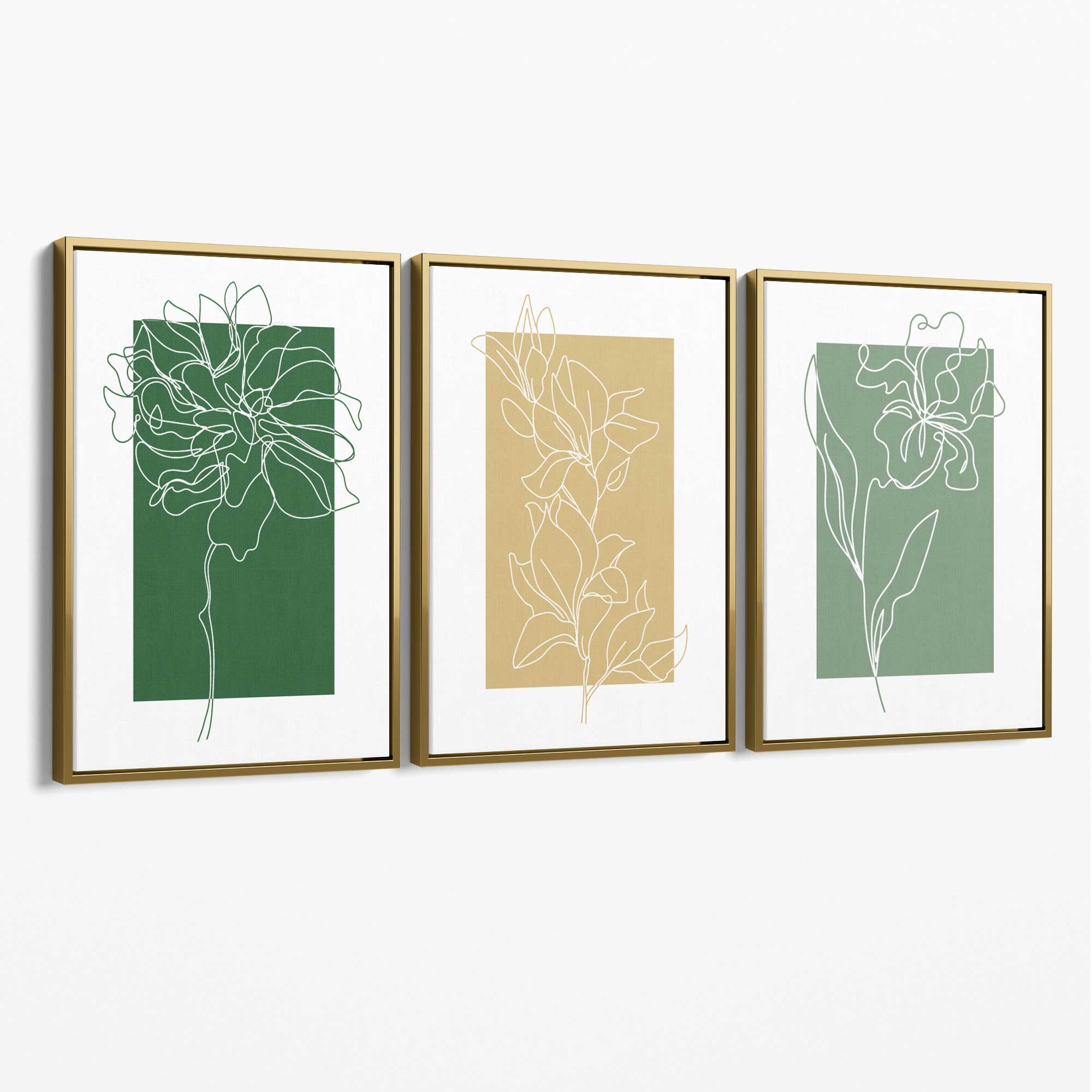 Minimal Sketch Flowers on Green and Yellow Set of 3 Canvas Art Prints with Gold Float Frame