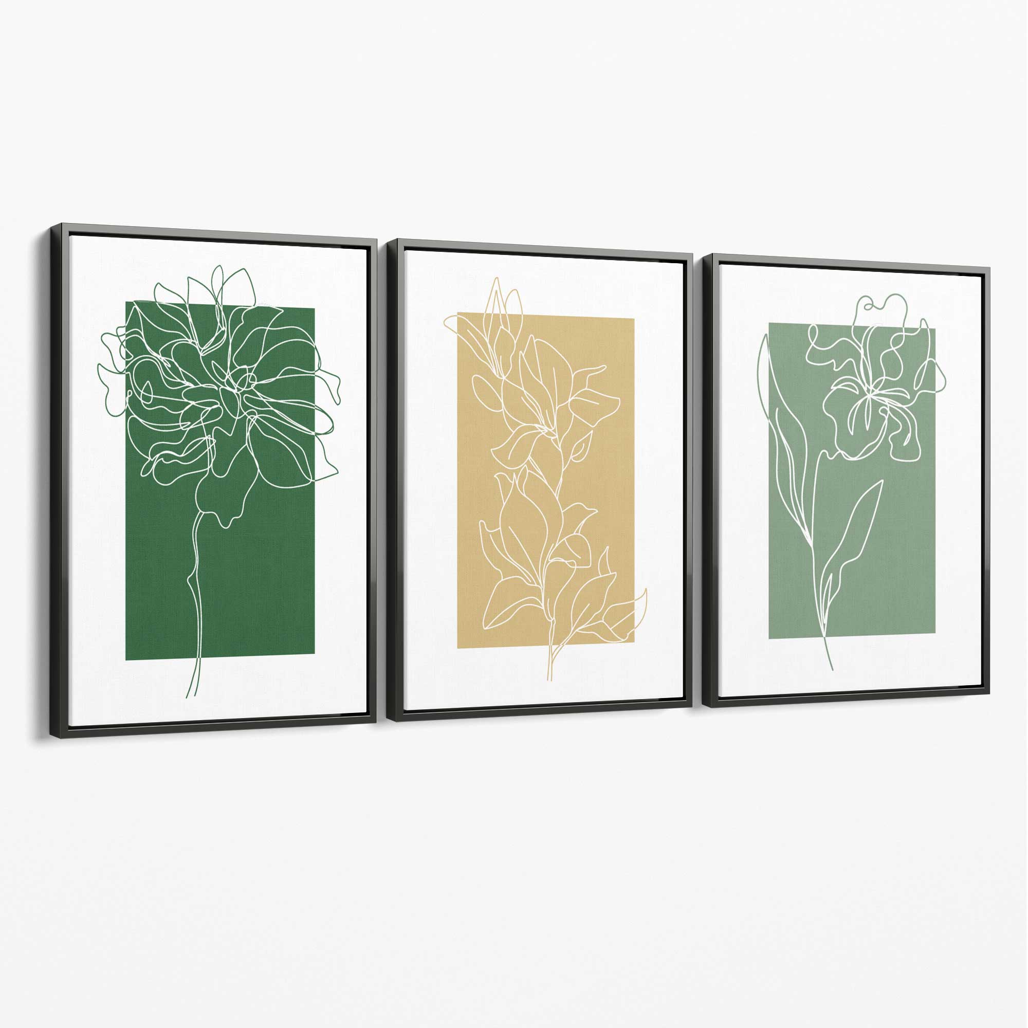 Minimal Sketch Flowers on Green and Yellow Set of 3 Canvas Art Prints with Grey Float Frame