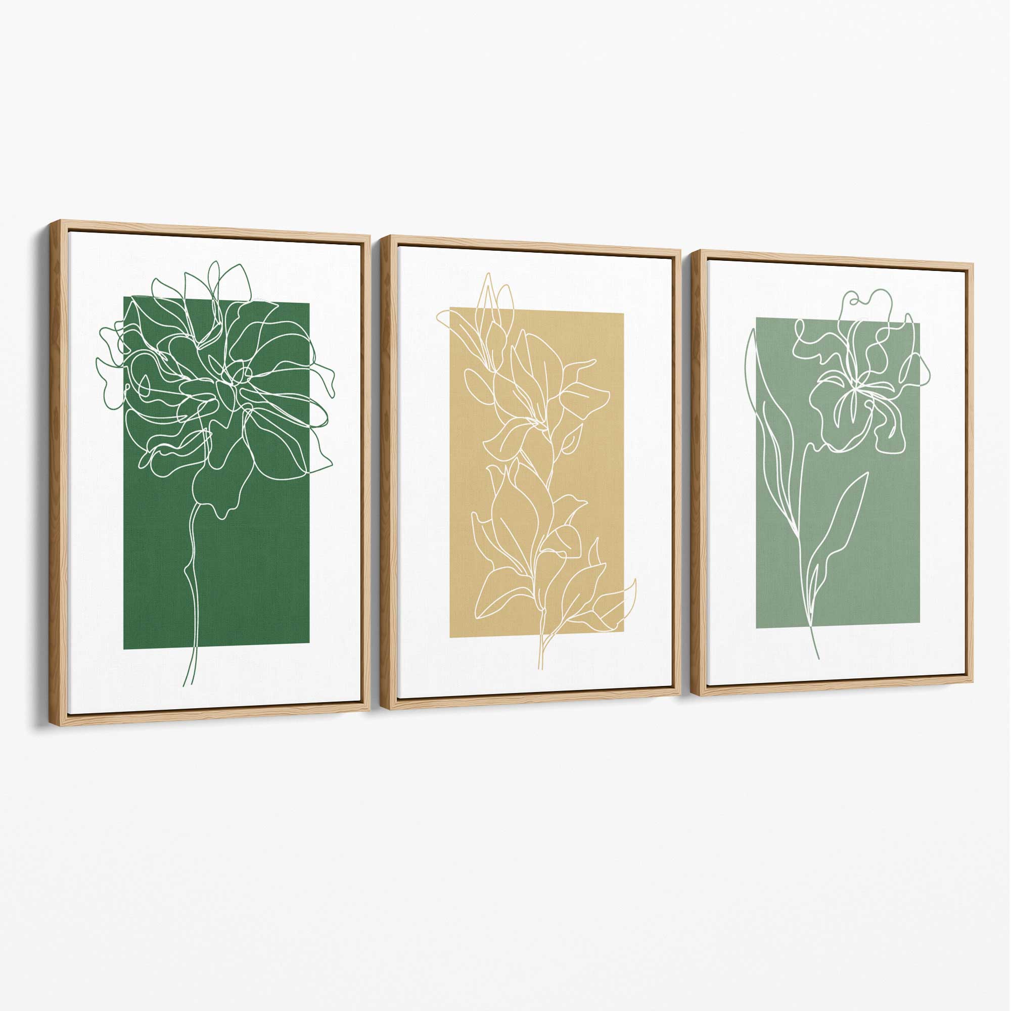 Minimal Sketch Flowers on Green and Yellow Set of 3 Canvas Art Prints with Oak Float Frame