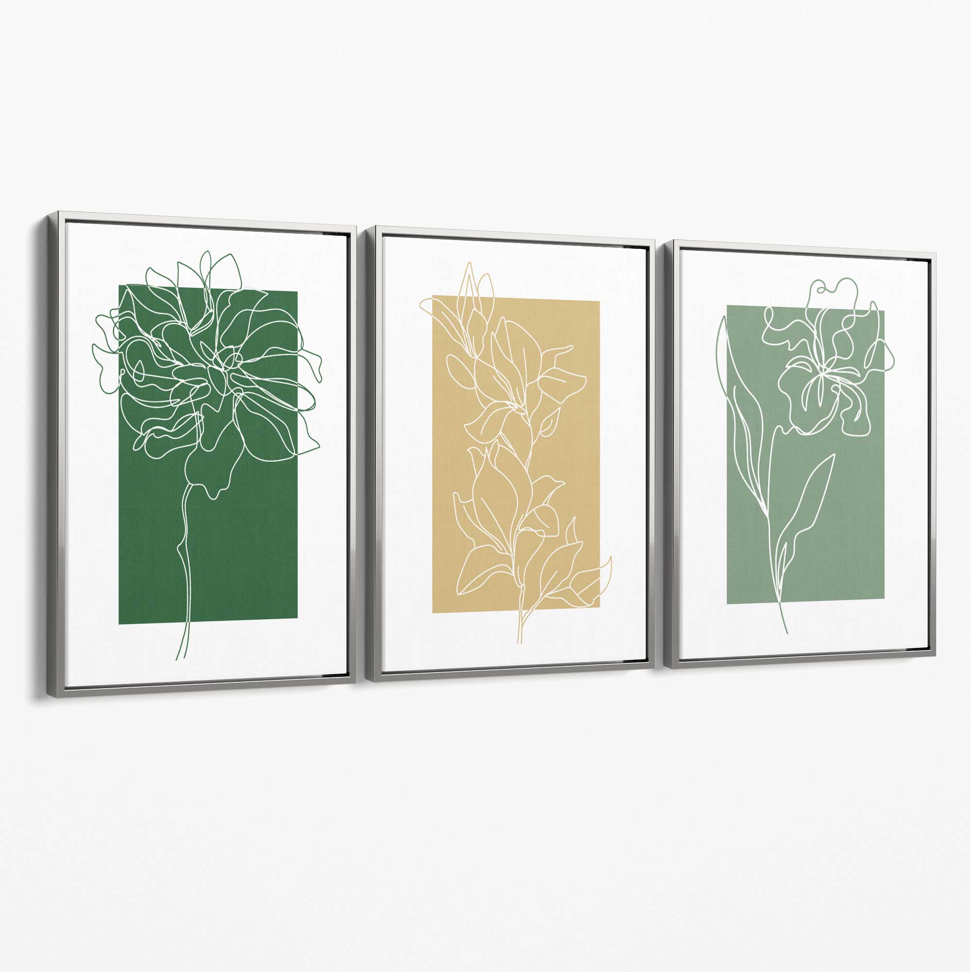 Minimal Sketch Flowers on Green and Yellow Set of 3 Canvas Art Prints with Silver Float Frame