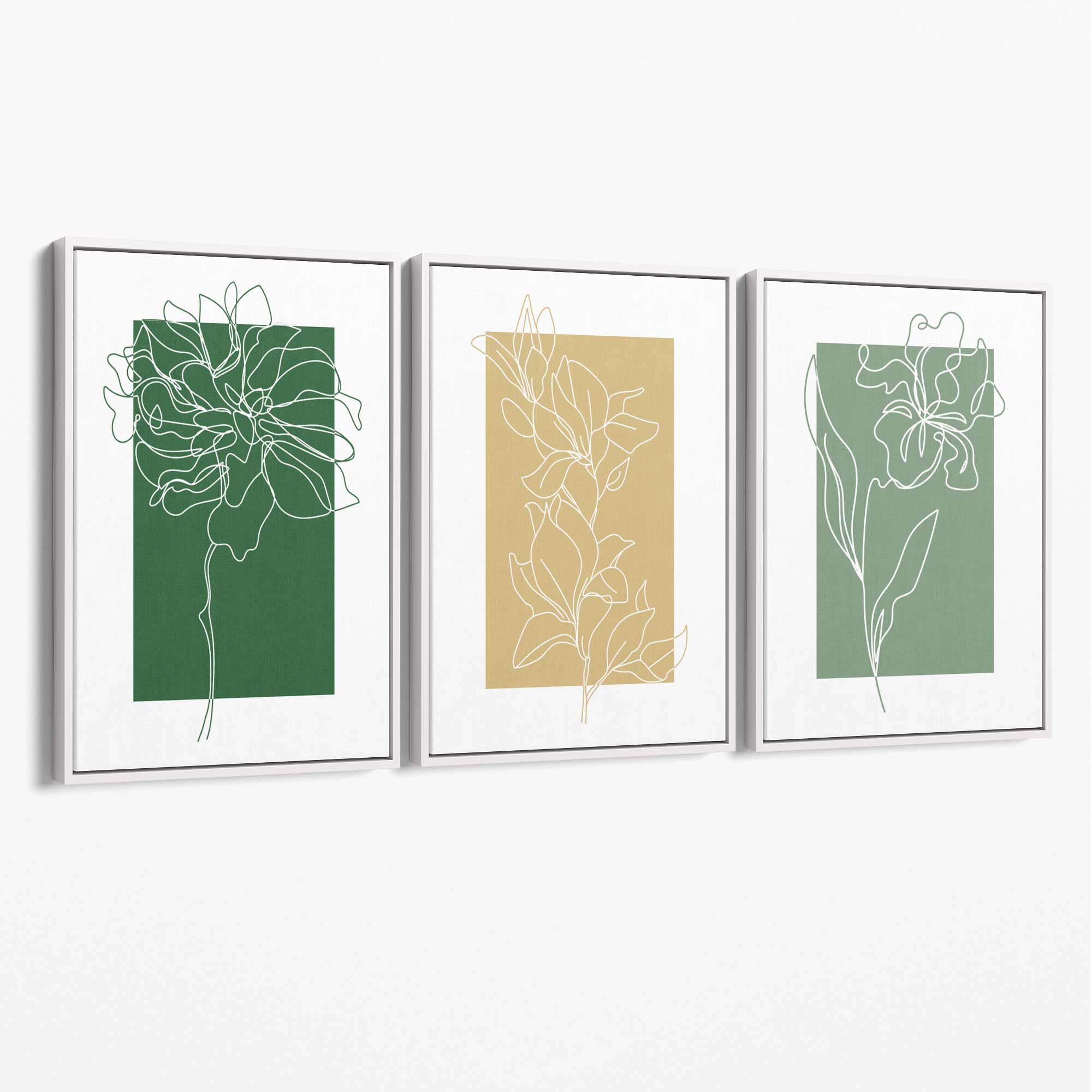Minimal Sketch Flowers on Green and Yellow Set of 3 Canvas Art Prints with White Float Frame