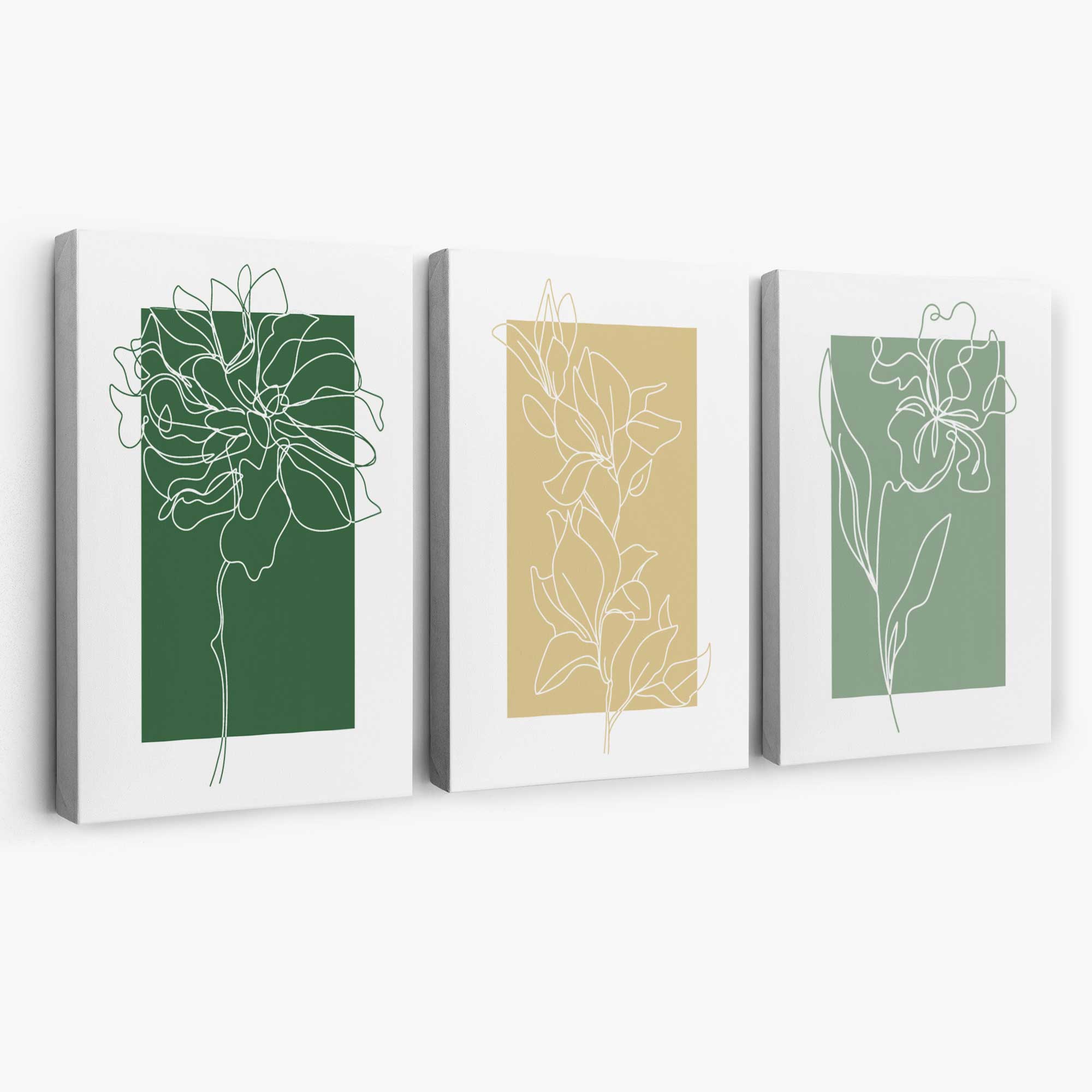 Minimal Sketch Flowers on Green and Yellow Set of 3 Canvas Art Prints | Artze Wall Art