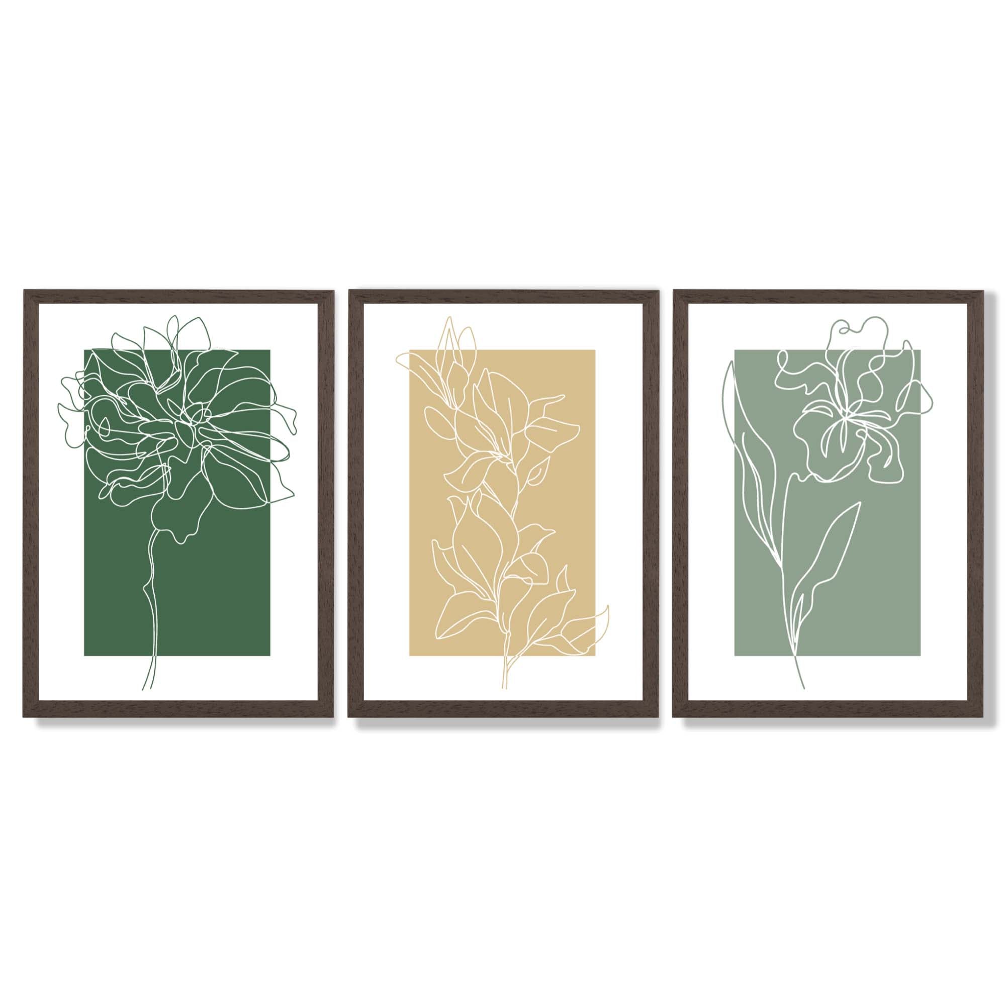 Minimal Sketch Flowers on Green and Yellow Set of 3 Framed Art Prints with Dark Wood Frames