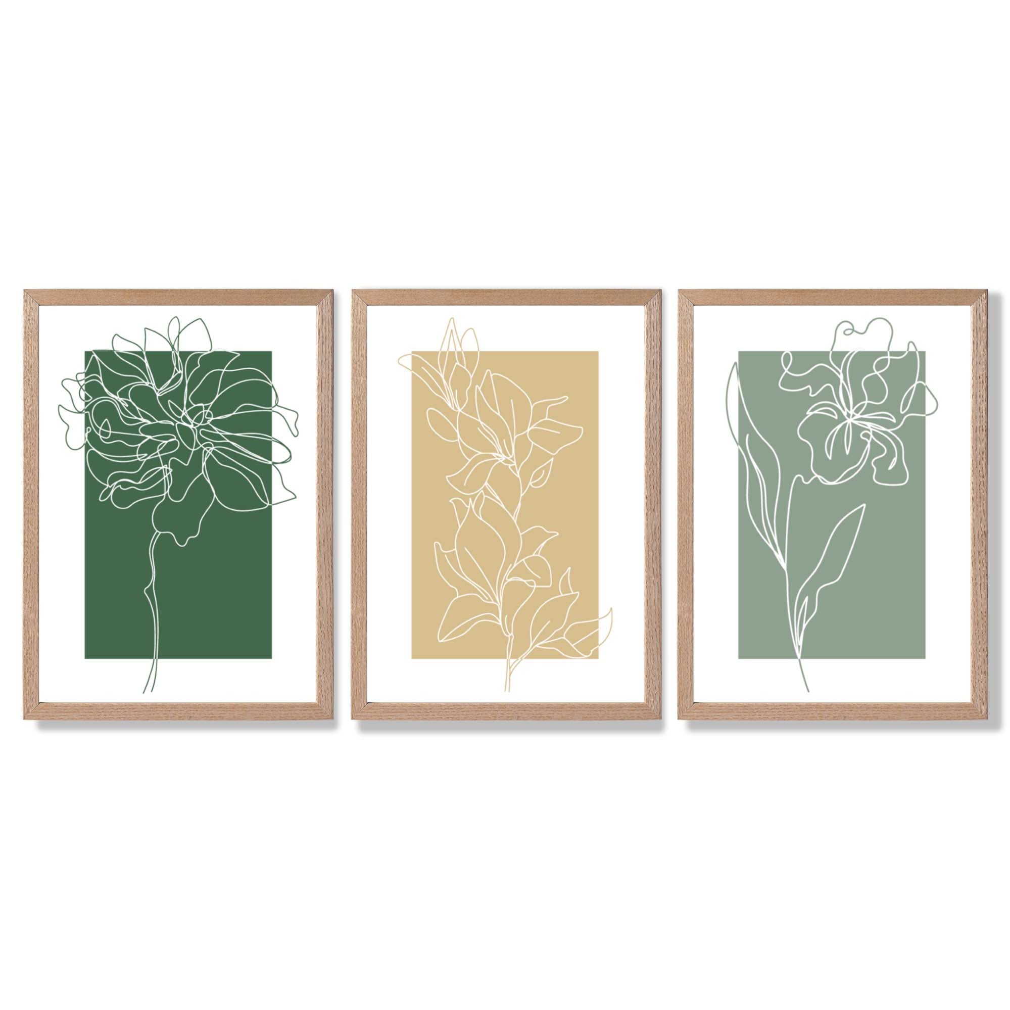 Minimal Sketch Flowers on Green and Yellow Set of 3 Framed Art Prints with Light Oak Frames
