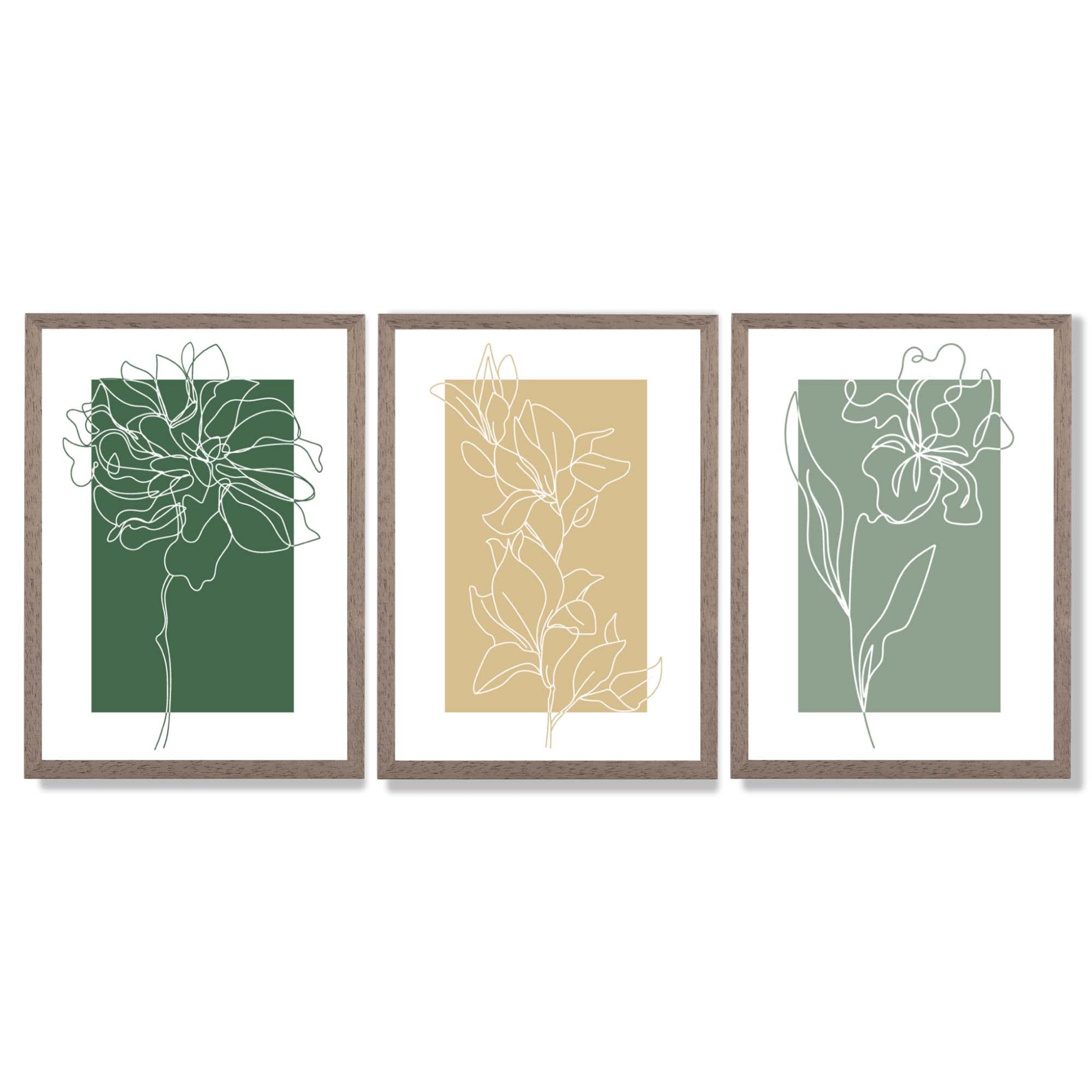 Minimal Sketch Flowers on Green and Yellow Set of 3 Framed Art Prints with Light Walnut Frames