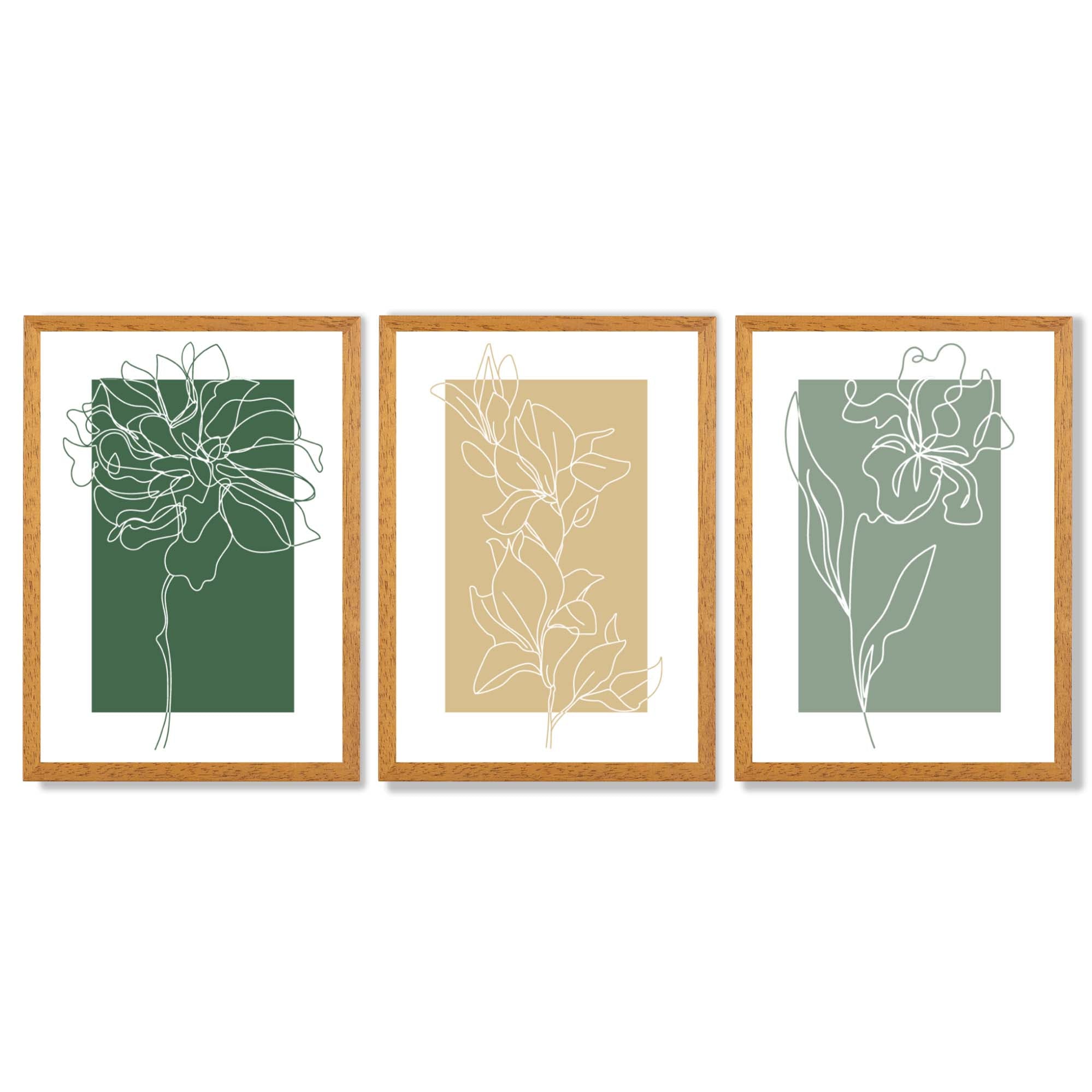 Minimal Sketch Flowers on Green and Yellow Set of 3 Framed Art Prints with Oak Wooden Frames