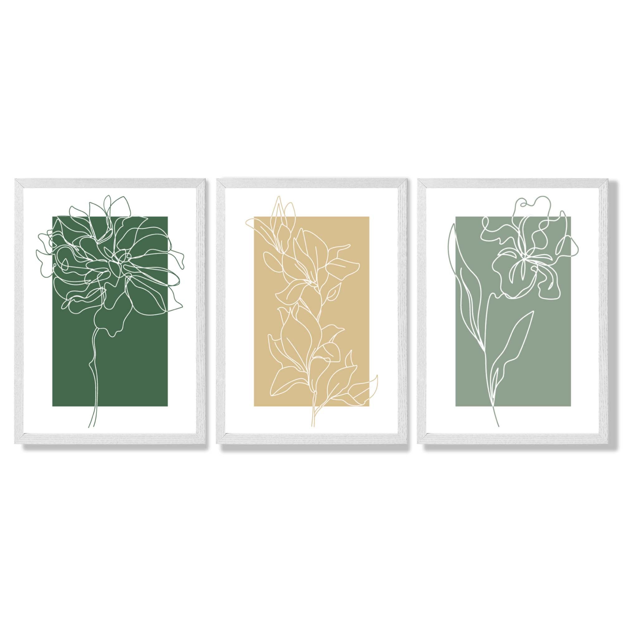 Minimal Sketch Flowers on Green and Yellow Set of 3 Framed Art Prints with White Wooden Frames