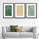 Minimal Sketch Flowers on Green and Yellow Set of 3 Art Prints in Black Frames | Artze UK