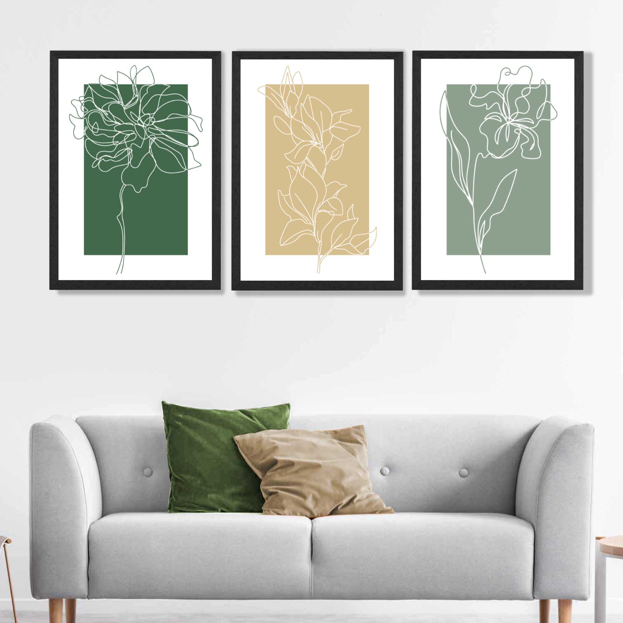 Minimal Sketch Flowers on Green and Yellow Set of 3 Art Prints in Black Frames | Artze UK