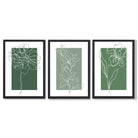 Minimal Sketch Flowers on Green Shades Set of 3 Framed Art Prints with Black Wooden Frames