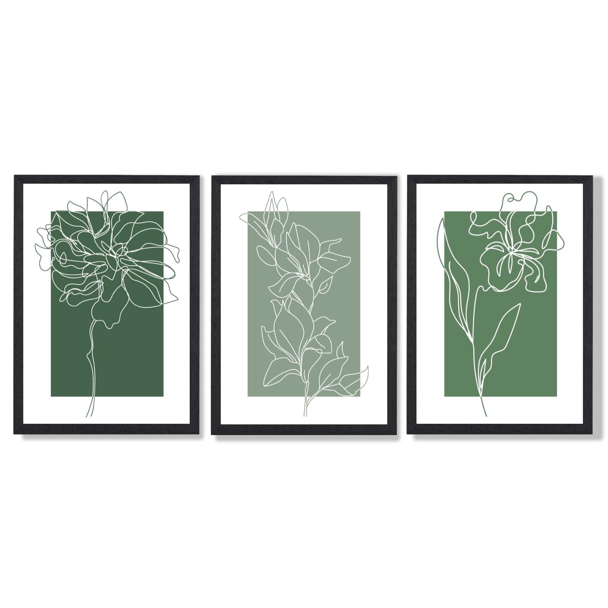 Minimal Sketch Flowers on Green Shades Set of 3 Framed Art Prints with Black Wooden Frames