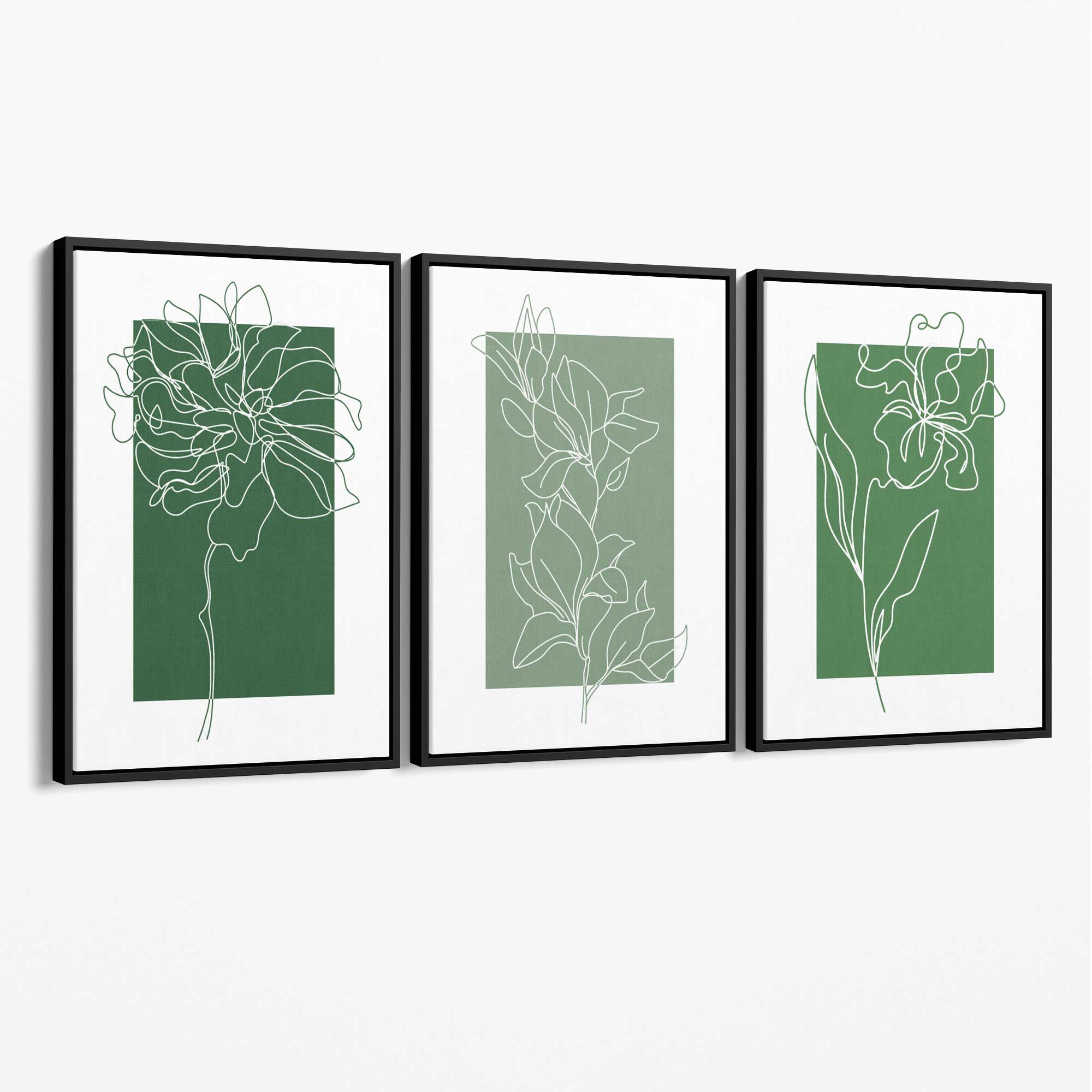 Minimal Sketch Flowers on Green Shades Set of 3 Canvas Art Prints with Black Float Frame