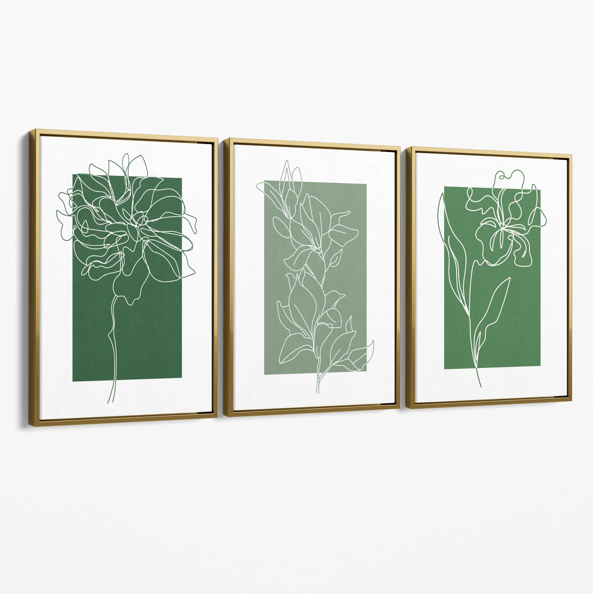 Minimal Sketch Flowers on Green Shades Set of 3 Canvas Art Prints with Gold Float Frame