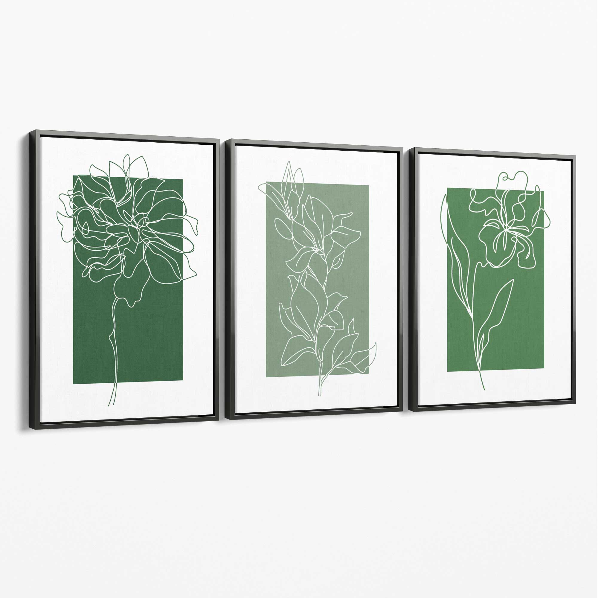 Minimal Sketch Flowers on Green Shades Set of 3 Canvas Art Prints with Grey Float Frame