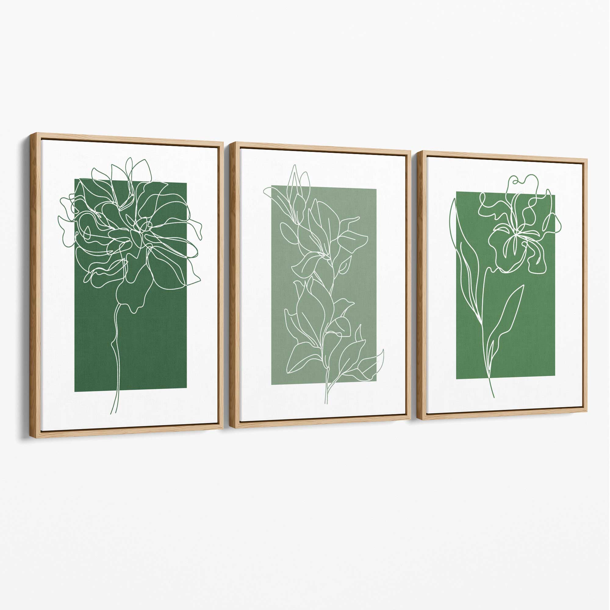 Minimal Sketch Flowers on Green Shades Set of 3 Canvas Art Prints with Oak Float Frame