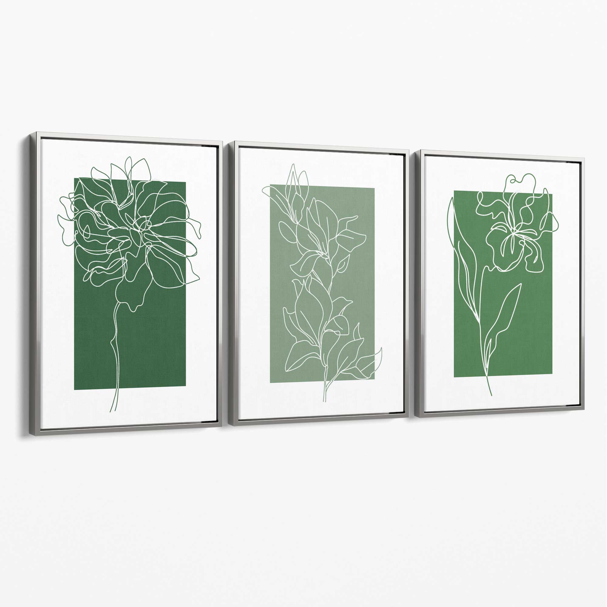 Minimal Sketch Flowers on Green Shades Set of 3 Canvas Art Prints with Silver Float Frame