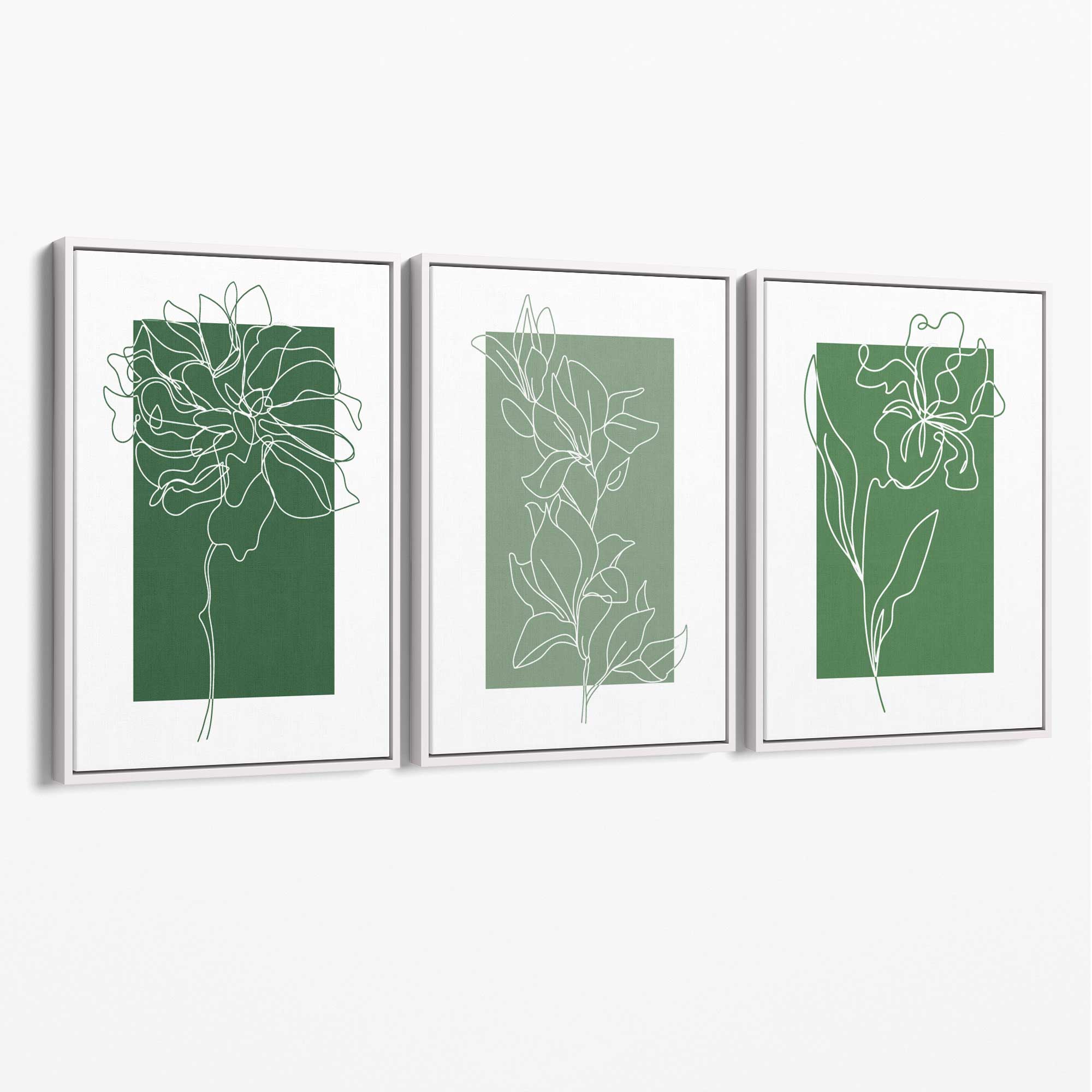 Minimal Sketch Flowers on Green Shades Set of 3 Canvas Art Prints with White Float Frame