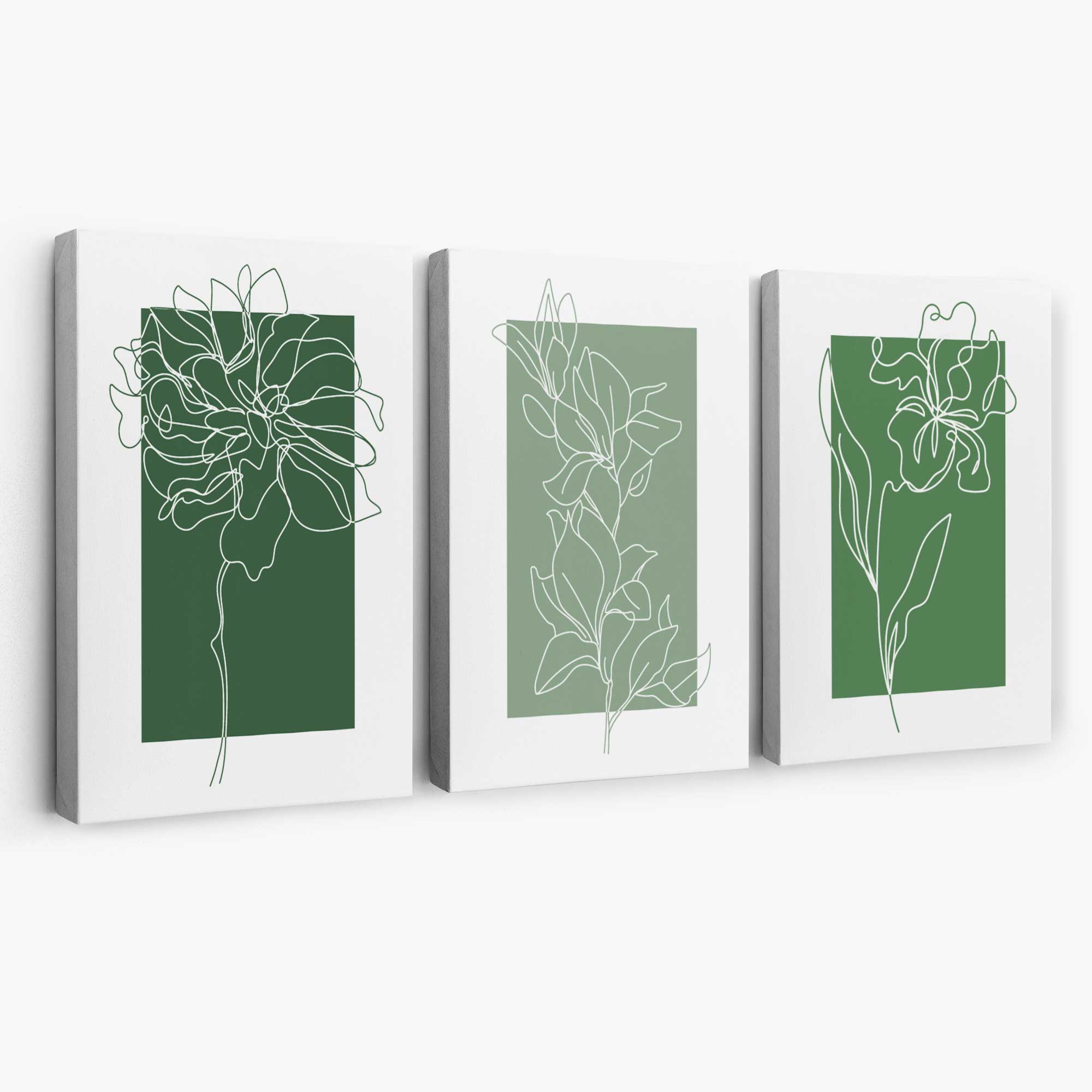 Minimal Sketch Flowers on Green Shades Set of 3 Canvas Art Prints | Artze Wall Art