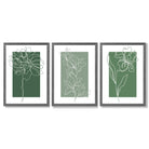 Minimal Sketch Flowers on Green Shades Set of 3 Framed Art Prints with Dark Grey Wooden Frames
