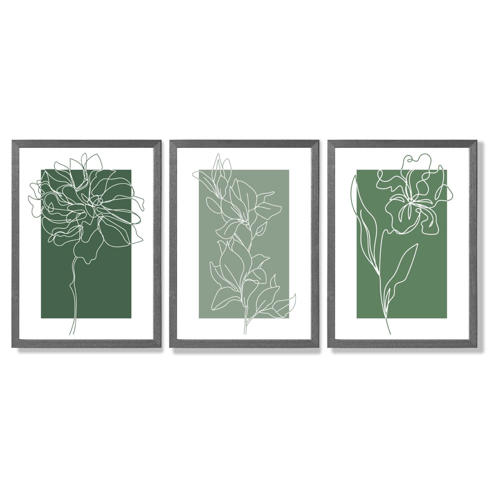 Minimal Sketch Flowers on Green Shades Set of 3 Framed Art Prints with Dark Grey Wooden Frames