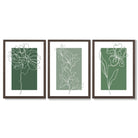 Minimal Sketch Flowers on Green Shades Set of 3 Framed Art Prints with Dark Wood Frames
