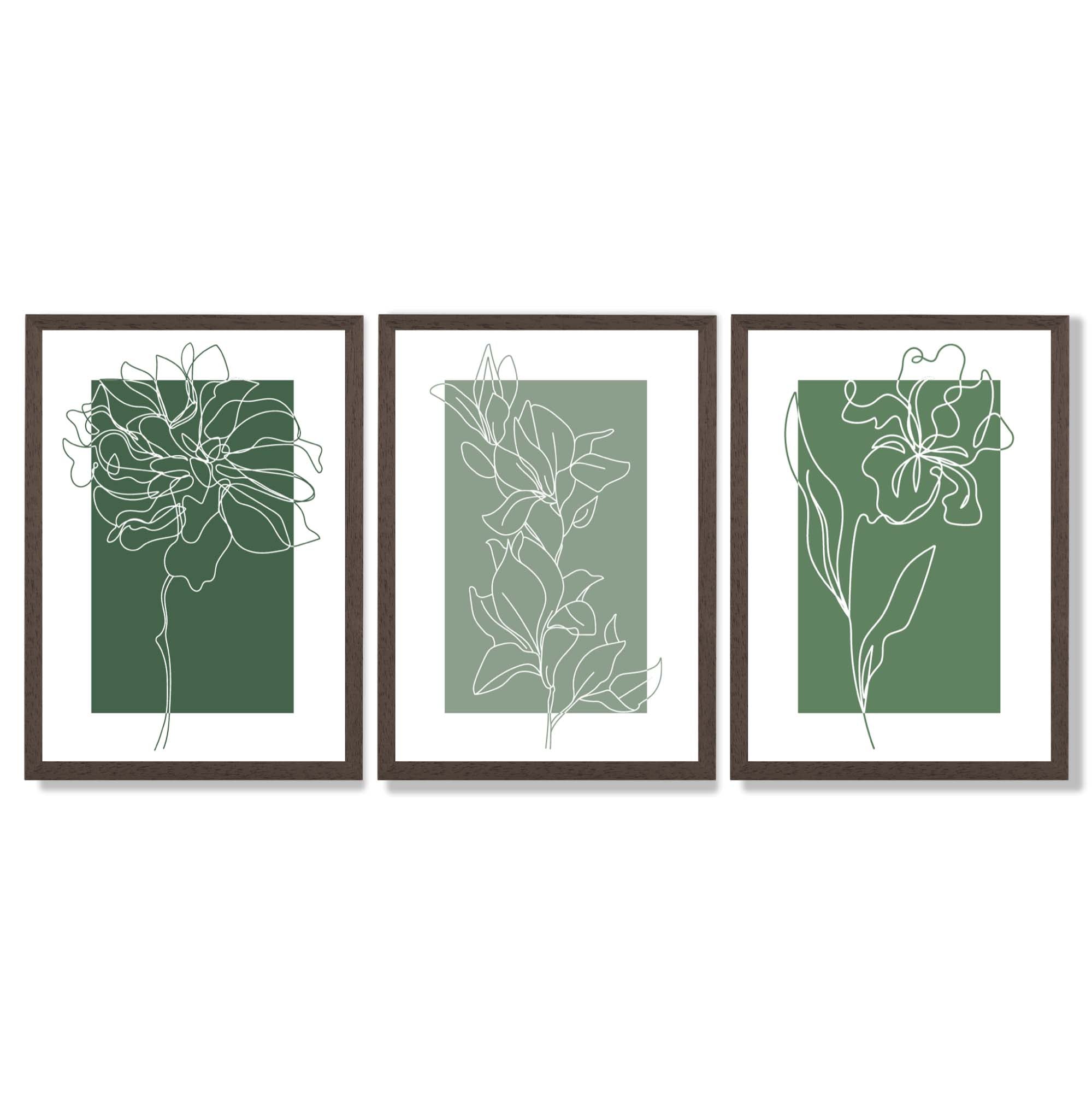 Minimal Sketch Flowers on Green Shades Set of 3 Framed Art Prints with Dark Wood Frames