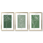 Minimal Sketch Flowers on Green Shades Set of 3 Framed Art Prints with Gold Wood Frames