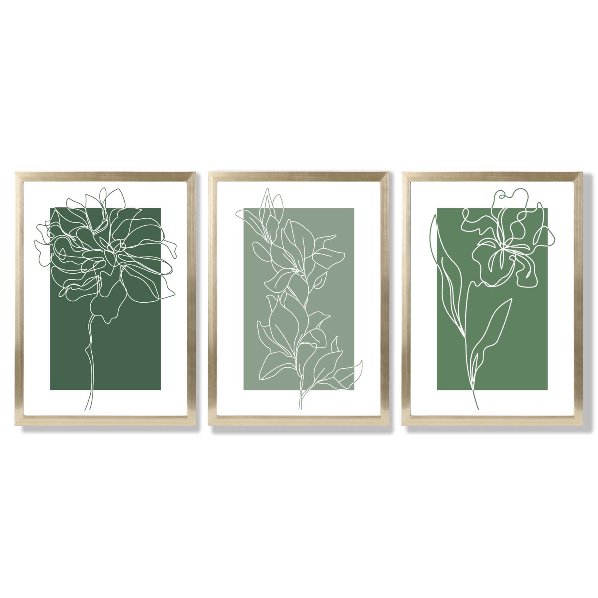 Minimal Sketch Flowers on Green Shades Set of 3 Framed Art Prints with Gold Wood Frames