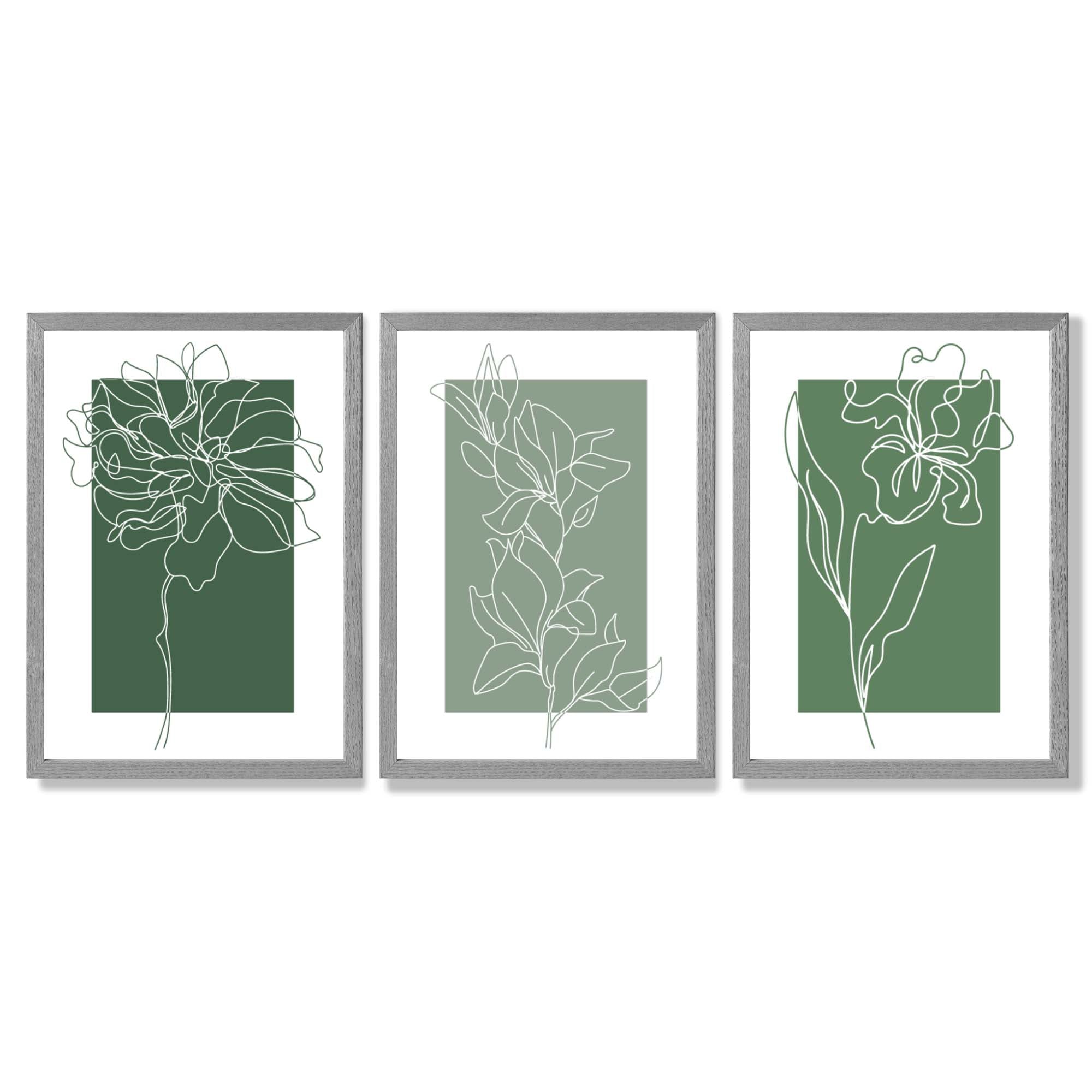 Minimal Sketch Flowers on Green Shades Set of 3 Framed Art Prints with Light Grey Wooden Frames