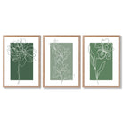 Minimal Sketch Flowers on Green Shades Set of 3 Framed Art Prints with Light Oak Frames