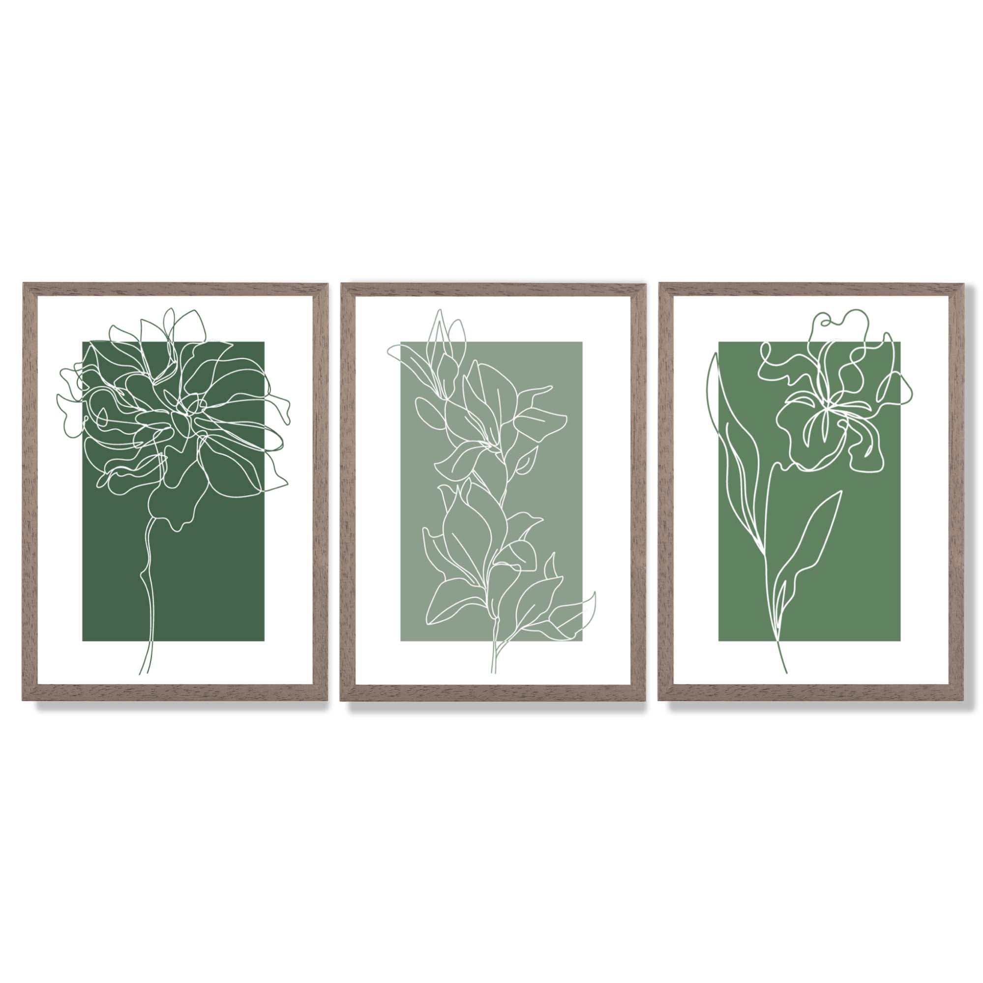 Minimal Sketch Flowers on Green Shades Set of 3 Framed Art Prints with Light Walnut Frames