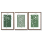Minimal Sketch Flowers on Green Shades Set of 3 Framed Art Prints with Light Walnut Frames